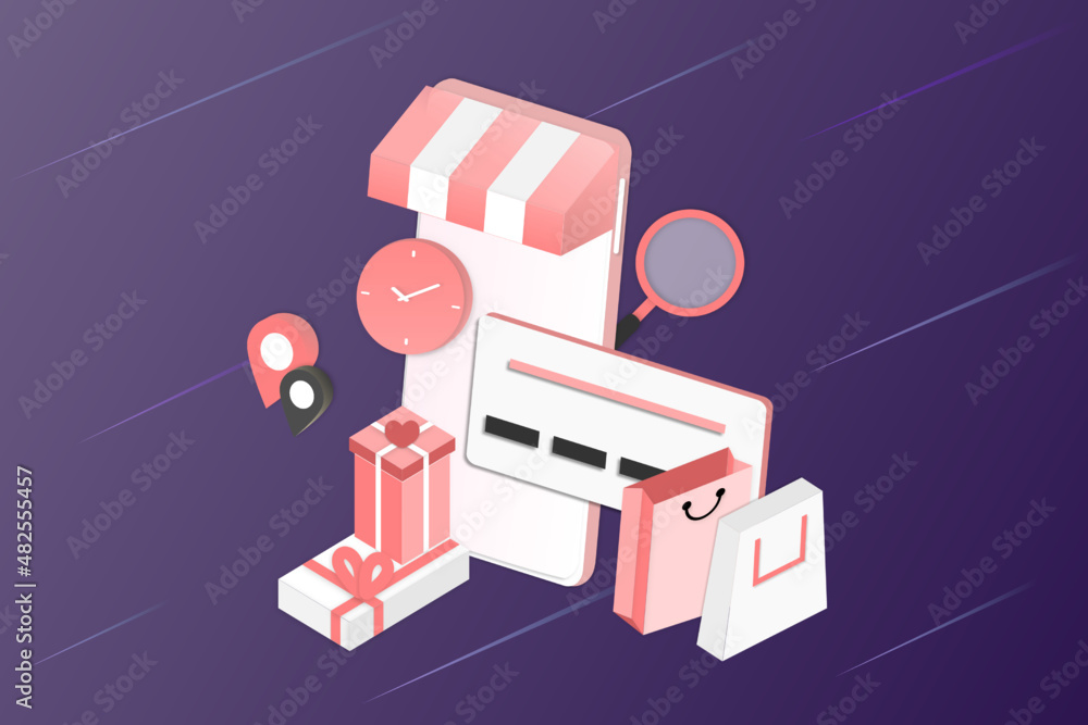 Poster 3d realistic online shopping on landing web page or mobile application concept of vector digital mar