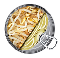 Open tin can with canned mungo bean sprouts isolated on white background. With clipping path.