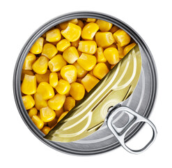 Open tin can with canned corn isolated on white background. With clipping path.