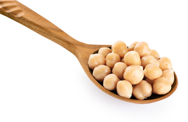 Wooden spoon with canned chickpeas isolated on white background. With clipping path.
