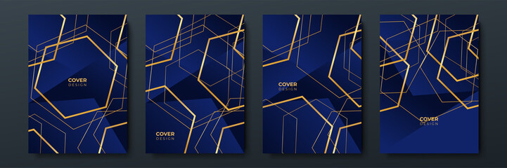 Modern blue and gold cover frame design set. Luxury wave pattern with golden line. Vector collection background. Background for cover, business background, brochure, invitation, wedding, business card