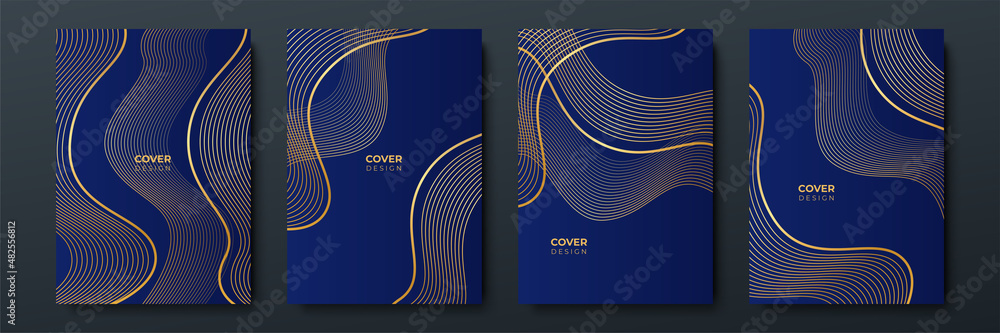 Poster modern blue and gold cover frame design set. luxury wave pattern with golden line. vector collection