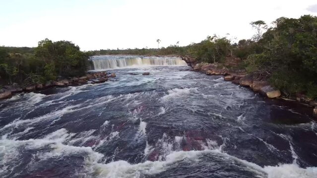 Aerial shot of the Yuruani waterfall and its homonymous river, located in the Gran Sabana in Venezuela