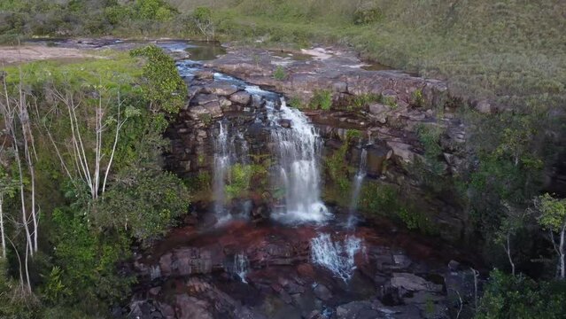Aerial shot of the Quebrada Pacheco waterfall, located in the Gran Sabana in Venezuela