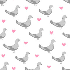 Pigeons seamless pattern, birds with hearts. Vector Illustration for backgrounds, covers, packaging, greeting cards, posters, stickers, textile and seasonal design. Isolated on white background.