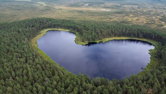 Rotating aerial of a heart-shaped Parika lake in Estonia during summer