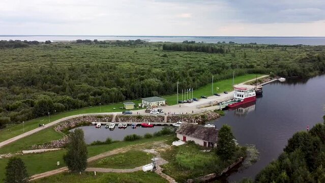 Rotating aerial of the island of Piirissaare and its harbour in Lake Peipsi between Estonia and Russia