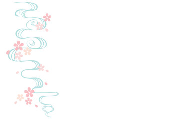 桜と手描きの流水模様、桜小さめ、背景白