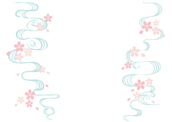 桜と手描きの流水模様、桜小さめ、背景白