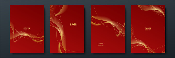 Modern red and gold cover frame design set. Luxury wave pattern with golden line. Vector collection background. Background for cover, business background, brochure, invitation, wedding, business card