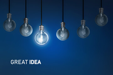 Great idea  ,  bulbs electric and a light as a concept of the new business ideas blue	
