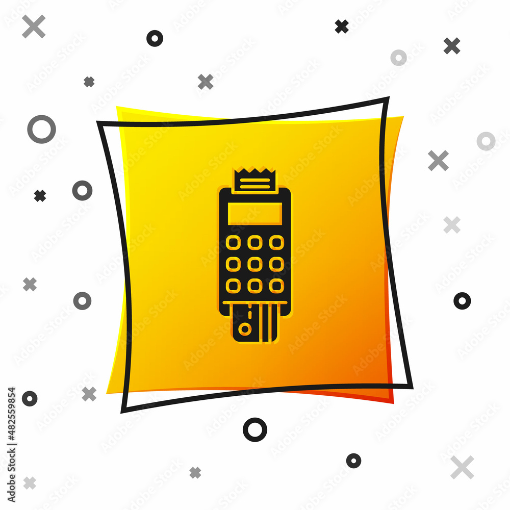 Poster black pos terminal with inserted credit card and printed reciept icon isolated on white background. 