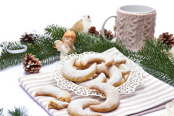 Traditional German or Austrian Vanillekipferl vanilla kipferl cookies and Chistmas decorations