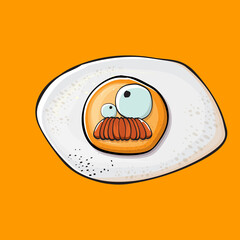 Vector cartoon fried egg character isolated on orange background. Perfect fried egg for good morning concept illustration. Funky cartoon egg character for printing on tee, menu and food poster