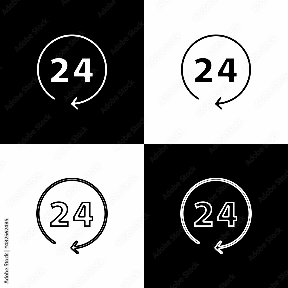 Poster set clock 24 hours icon isolated on black and white background. all day cyclic icon. 24 hours servic