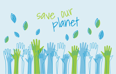 save the world Ecology concept. silhouettes of hands raised up Suitable for posters flyers banners for Earth Day - 482562454