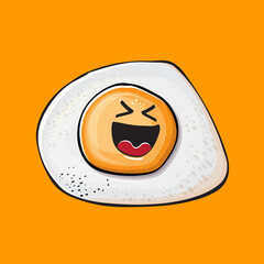 Vector cartoon fried egg character isolated on orange background. Perfect fried egg for good morning concept illustration. Funky cartoon egg character for printing on tee, menu and food poster