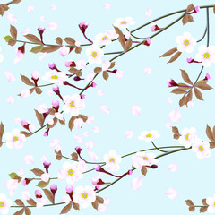 Flying Japanese cherry petals, floral pattern. Blossoming branches of cherry on blue in a random arrangement square format. Pink Sakura texture, EPS 10, vector