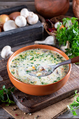 Creamy soup pureed mushrooms and slices of chicken on a table