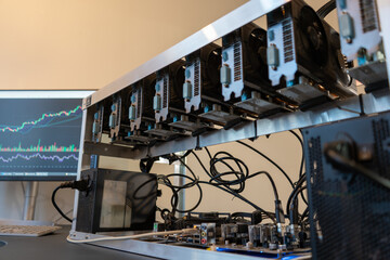 Crypto currency mining rig at home close up, earning extra income with bitcoin and etherium 