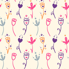 Simple abstract vector floral seamless background with creative decorative flowers in cartoon style. Love, hearts motive. Pastel purple, yellow, pink colors. Design for print, textile, cards, clothes.