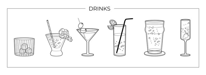 Vector set of alcohol drinks line art illustration. Vector illustration