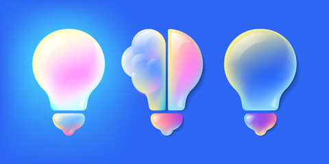 Bright multi-colored 3D light bulb half brain with highlights. Idea or solution concept. Vector glowing volume lamp and off. Multicolored gradient on a blue background.