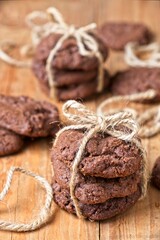 Close up of choc chip cookies tied with string