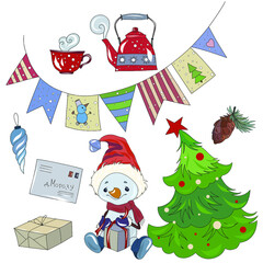 Christmas clipart with a Christmas tree, a snowman, a red polka dot teapot and a warm mug with a hot drink, a Christmas garland and a fir cone, a gift and a letter, and a Christmas tree toy. cute new 