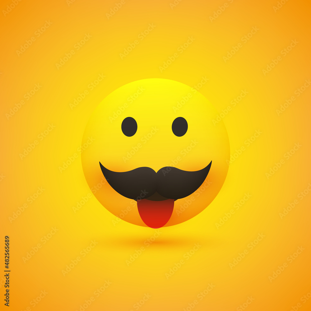 Poster smiling emoji - simple happy emoticon with stuck out tongue and mustache on yellow background - vect