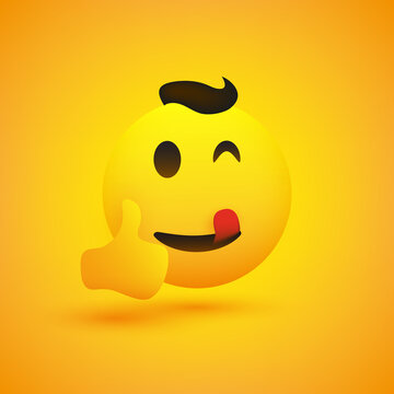 Positive, Cheerful Smiling Satisfied Mouth Licking Funny Young Male Emoji Showing Thumbs Up on Yellow Background - Vector Design for Web and Instant Messaging Apps