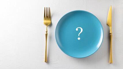 Empty plate with question mark on white table. Nutrition and Diet Concept with copy space.