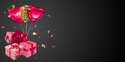 Vector illustration for Valentine's Day with helium balloons, small blurry pieces of serpentine and several red, pink and white gift boxes with ribbons, bows and pattern of hearts, on black background