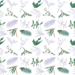 Natural seamless pattern with leaves. Green leaves on a white background. Outline drawing.