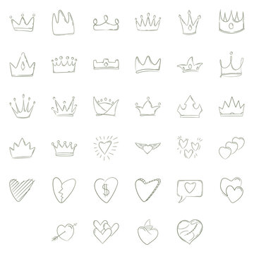Collection Of Crown and Heart Handdrawn Outline Elements Design With Royal head, King Crown, Queen Crown, Hearts. Perfect for Websites, Advertisements, Banners, Posters, Billboards, Templates, Logos.