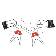 hand drawn doodle hand holding human with lungs illustration vector symbol for lungs health