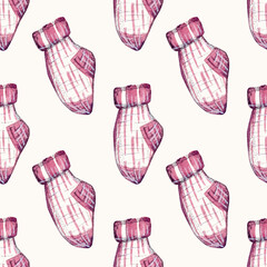 Seamless watercolor pattern of a pair of red striped socks