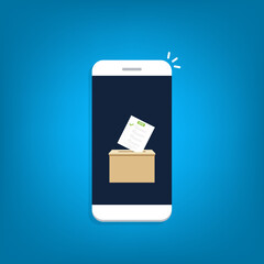 Mobile phone with voting ballot in ballot box. Voting online, e-voting, election internet system. Flat design. Vector illustration