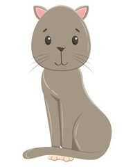 Cute cartoon gray cat in flat style isolated on white background. Vector drawing of a domestic cat that sits, an adorable animal, a pet.