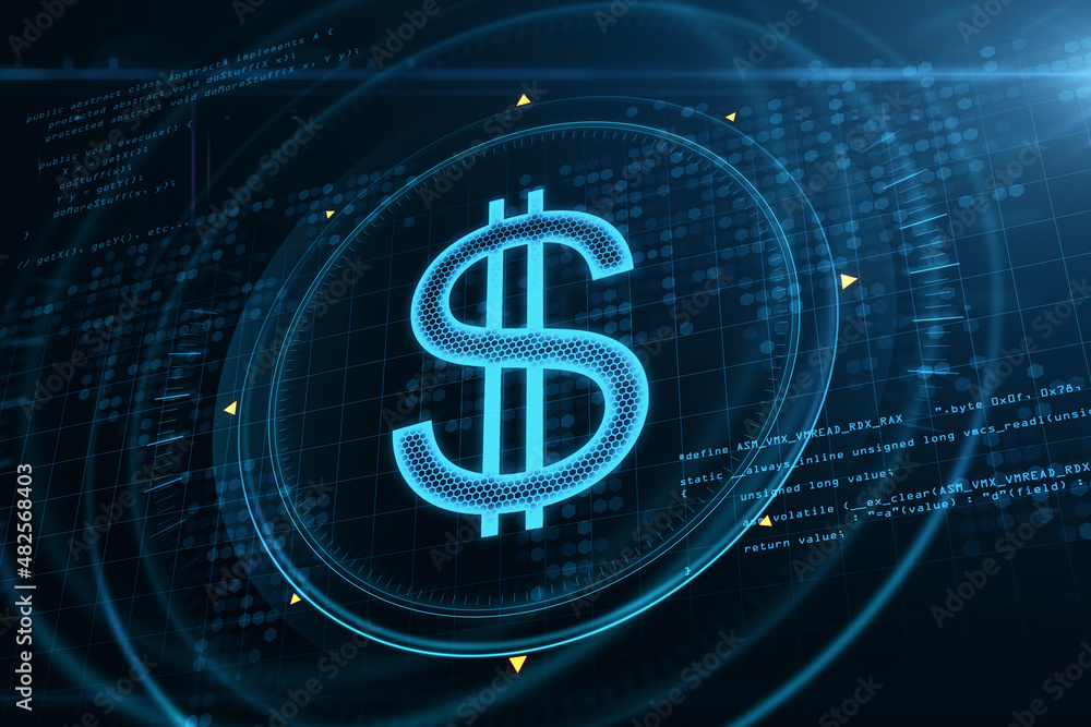 Aufkleber Abstract glowing dollar sign hologram on blurry blue grid background with coding. Online banking, cryptocureency and innovation concept. 3D Rendering.