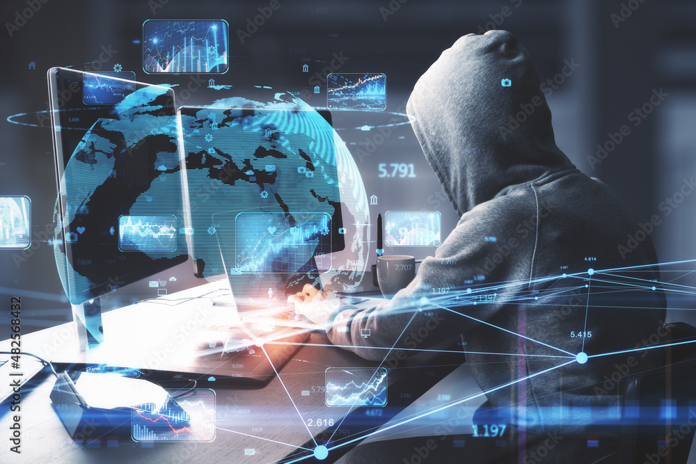 Poster Hacker at desktop with monitors using laptop with creative glowing globe hologram with forex charts and graphs on blurry background. 