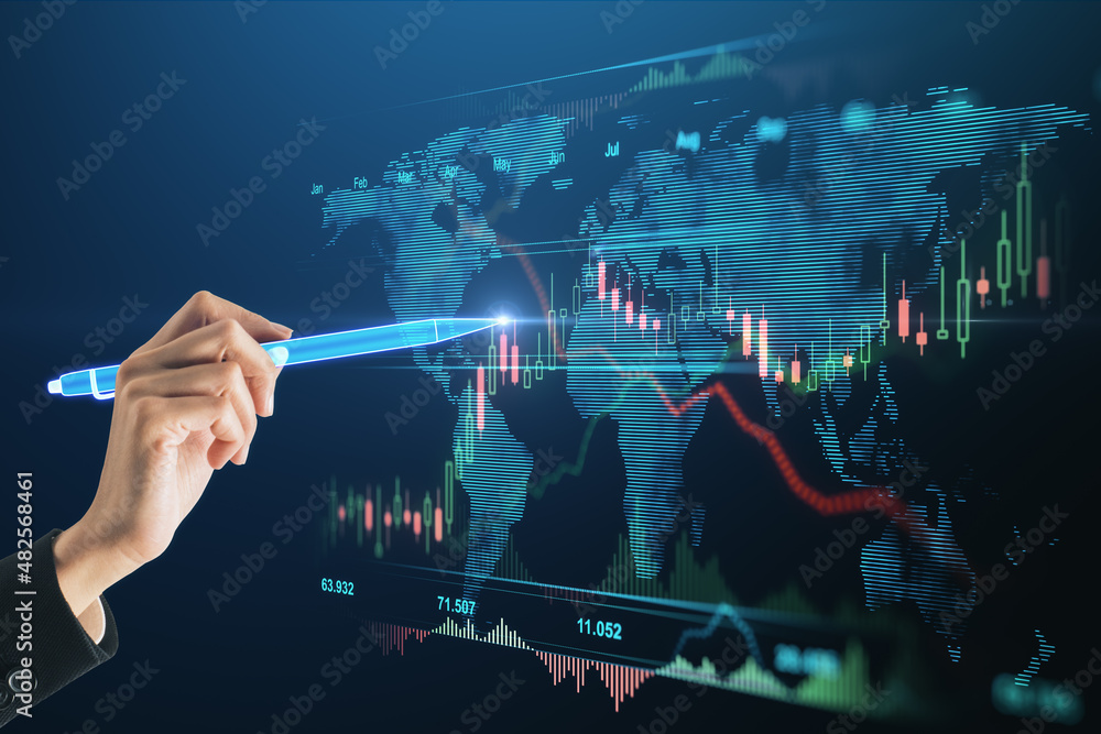 Poster close up of businesswoman hand using digital pencil hologram to draw business forex chart interface 