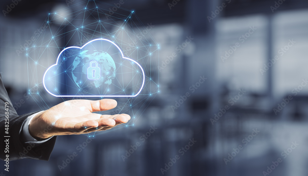 Poster close up of businessman hand holding abstract glowing cloud hologram with globe and safety icons, po