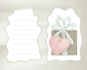 Romantic printable template with text box and illustration of gift box with heart shaped tag. Vector greeting card for Valentines Day or Wedding