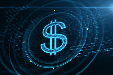 Abstract glowing dollar sign hologram on blurry blue grid background with coding. Online banking, cryptocureency and innovation concept. 3D Rendering.