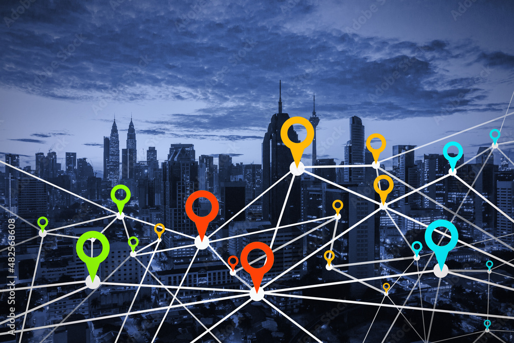 Poster creative dawn city and sky background with digital map pointer connections. smart city, gps and navi