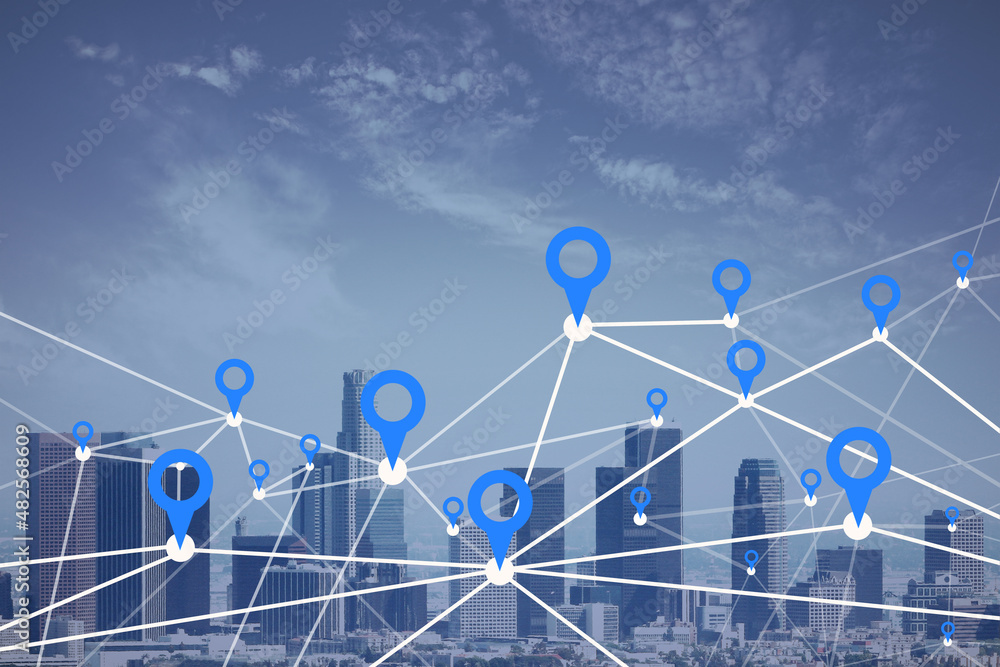 Poster Dull dawn city and sky background with digital map pointer connections. Smart city, gps and navigation.