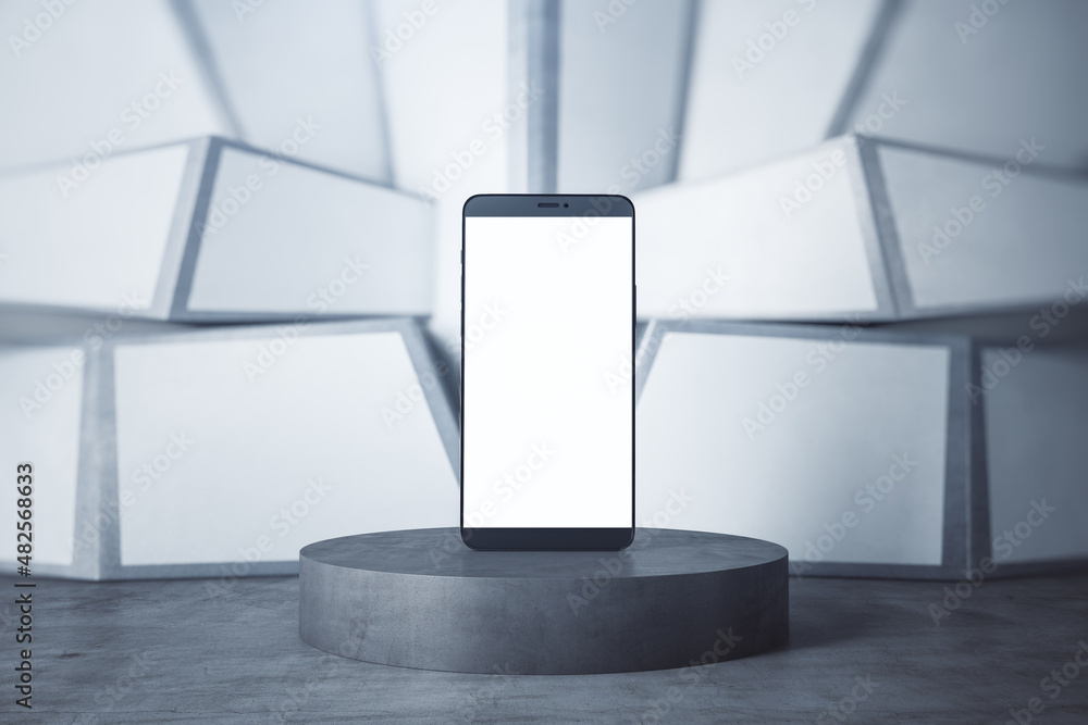 Poster Podium with empty white mock up screen smartphone on abstract wall background. Product presentation concept. Device and technology concept. 3D Rendering.