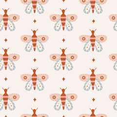 Vector seamless pattern with butterfly on pastel background.  Cute minimal bogemian print . Trendy hand drawn illustration