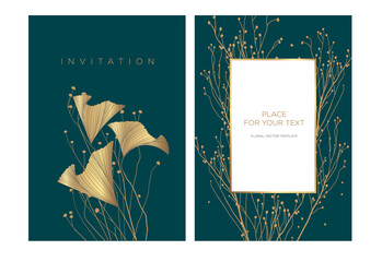 Abstract gold leaves and wildflower drawn on a dark green background. Wedding invitation template in luxury style. Background for the invitation card, shop, beauty salon, spa.  - 482569249
